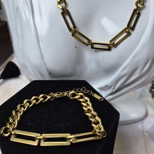 Gold Tone Mixed Chain Necklace & Bracelet Set – Stainless Steel 18K Gold Plated